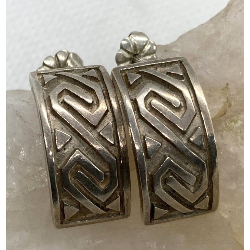 Vintage ZAC Geometric Pattern Curved Earrings Sterling 925 Silver 5.7g